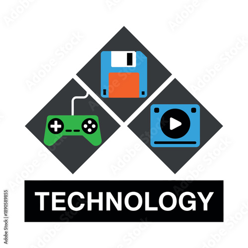 A logo representing technology with icons of a game controller, floppy disk, and video camera.