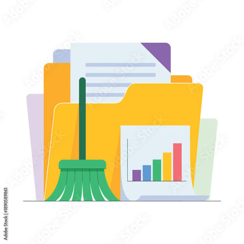 A colorful illustration of a green broom sweeping away a stack of organized files and documents