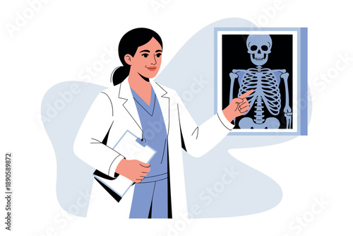 A female doctor pointing to an x-ray image of a human skeleton in a medical setting.