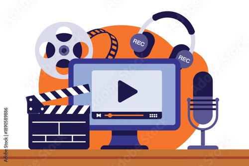 A computer monitor with a play button on the screen surrounded by video recording equipment such as a microphone, headphones, and clapperboard.