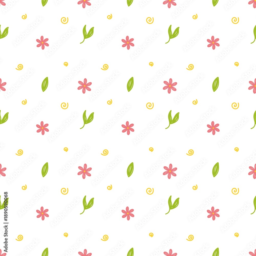 Fototapeta premium Seamless raster pattern with flowers and plants in doodle style on a white background