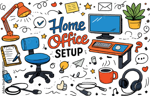 Classic Office Doodle Setup. Classic home office setup assortment showing computer desk chair monitor lamp as main items plus