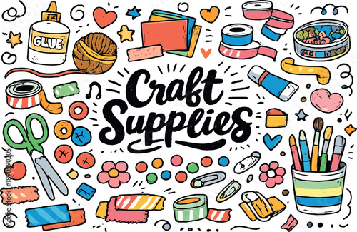 Craft Supplies Ensemble. Classic craft hobby supplies assortment showing scissors glue yarn paper beads as main items plus ribbons