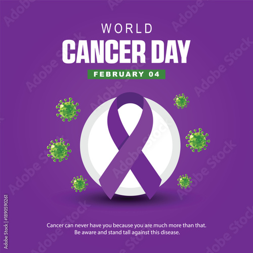 world cancer day awareness poster with purple ribbon and virus cells illustration february 4 global cancer prevention and healthcare campaign design on purple background