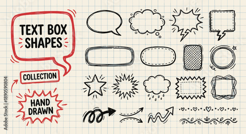 hand drawn text box and speech bubble collection with arrows and decorative frames on grid paper for notes comics messages and creative design layouts