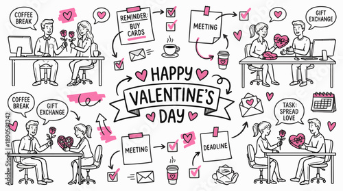 valentine’s day office doodle scene with coworkers exchanging gifts coffee breaks meetings deadlines and treats in cute line illustration style with pink hearts