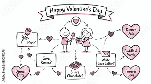 cute valentine’s day flowchart with couple exchanging gifts roses chocolates and love notes leading to romantic dates in doodle line illustration style with hearts
