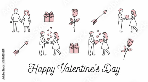 minimal valentine’s day illustration with couples exchanging gifts roses hearts and arrows in clean pastel line art style for romantic holiday celebration