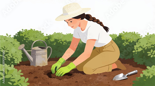 Flat vector illustration of a woman kneeling in a garden, planting plants to help the environment. Landscape design.