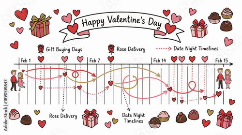 valentine’s day event timeline illustration with gift buying rose delivery and date night activities featuring hearts chocolates and doodle style romantic icons