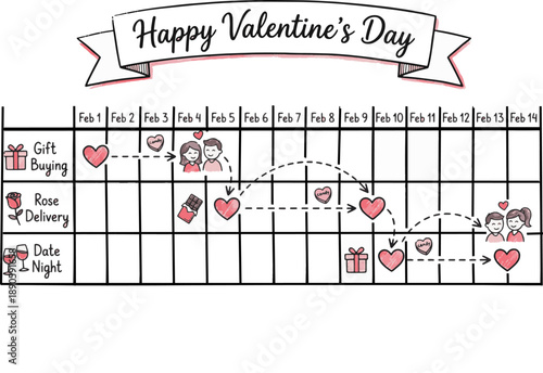 valentine’s day schedule illustration with calendar timeline showing gift buying rose delivery and date night activities in cute doodle line style with hearts