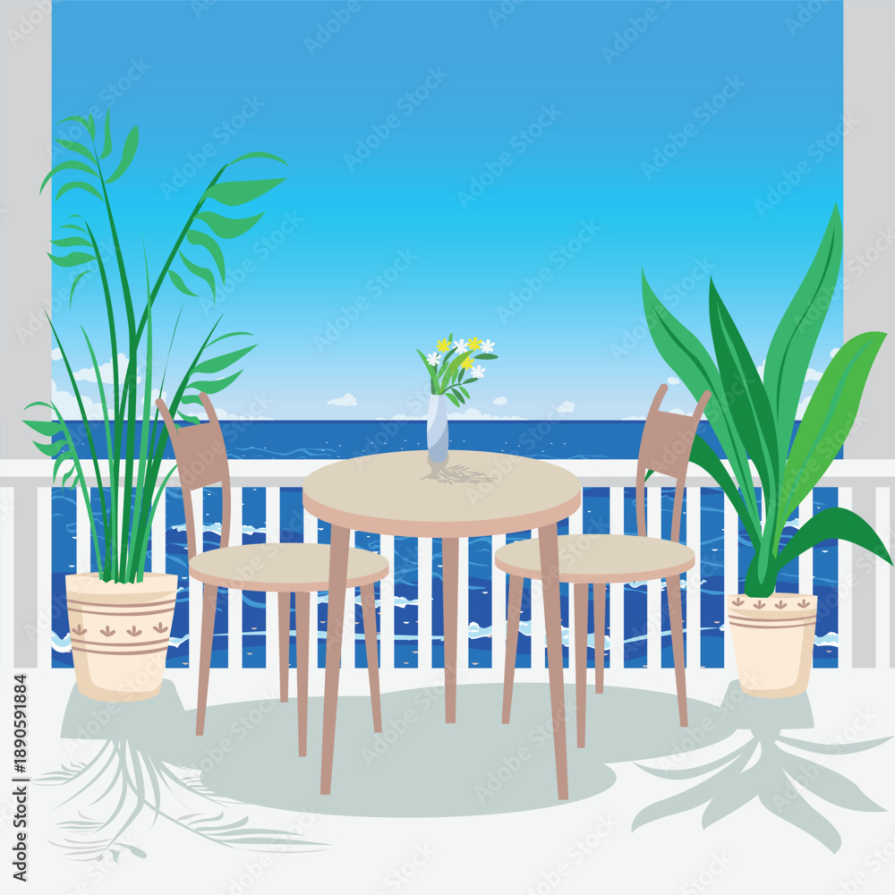 Naklejka premium A table on the terrace at a seaside restaurant. Summer vacation at the sea. Beautiful seascape. Hand-drawn vector illustration.
