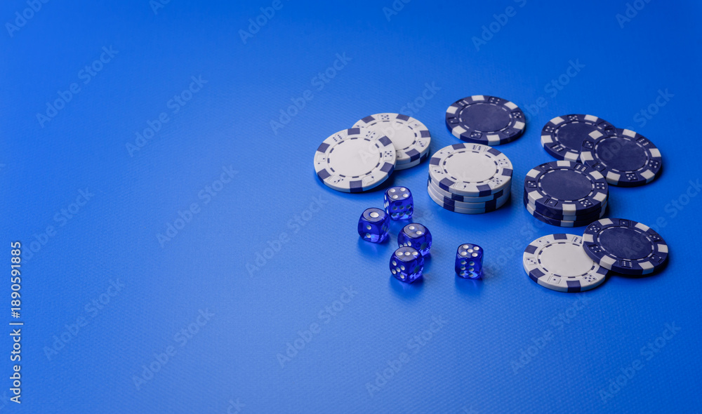 Αυτοκόλλητο Casino dice and chips on a colored background, poker, gambling with bets