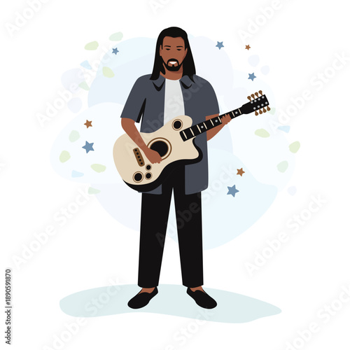 Cheerful guitarist with long hair playing an acoustic guitar against an abstract background. Vector illustration of a street musician in a simple hand-drawn style.