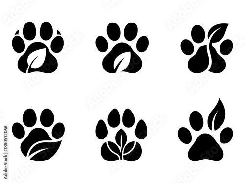 Collection of animal paw prints with leaves isolated on a transparent background