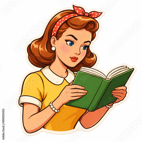 Retro sticker of woman reading book with determined expression and classic mid century style