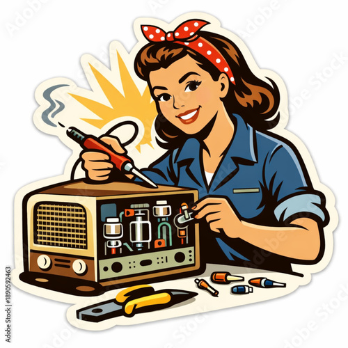 Retro sticker of woman repairing radio with technical skill
