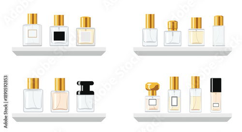 Elegant Perfume Bottle Collection Displayed on Multiple Floating White Shelves for Cosmetic Store Branding