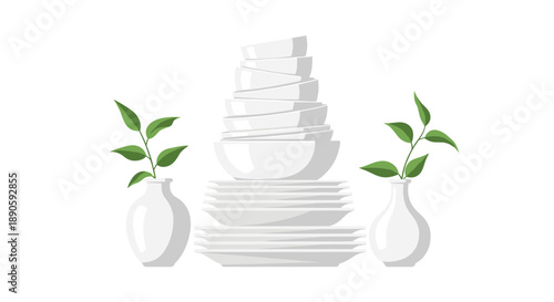 Stacked White Ceramic Bowls and Plates with Decorative Green Leaf Vases Minimalist Kitchen Still Life Graphic