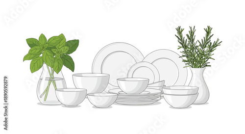 Complete White Ceramic Dinnerware Set with Fresh Green Herbs in Glass Vases Kitchen Decor Still Life Graphic