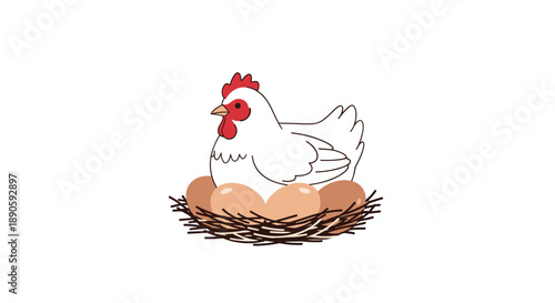 White Hen Sitting in a Straw Nest with Brown Eggs Poultry Farming and Agriculture Vector Illustration