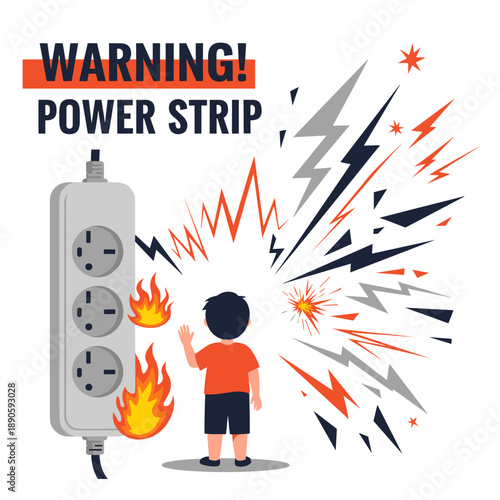 child near overloaded power strip with fire and electrical sparks, warning poster with copy space, for electrical safety blogs, parenting websites and school educational materials