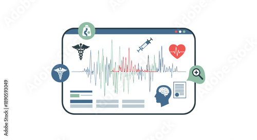 Healthcare Dashboard Interface with Medical Icons Heartbeat Monitor and Brain Scan Data Graphic