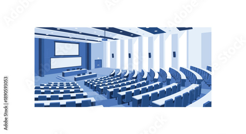 Large Empty Lecture Hall with Rows of Blue Seats and White Screens University Education Concept Graphic