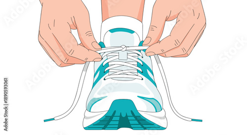 Close Up of Hands Tying Laces of a White and Turquoise Running Shoe Athletic and Sports Concept Graphic