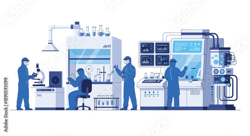 Scientists in Full Blue Protective Suits Working in High Tech Medical Research Laboratory Illustration