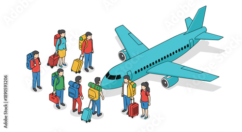 Group of Travelers with Backpacks Boarding a Blue Passenger Airplane on Tarmac in Isometric Perspective