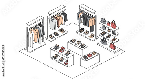 Isometric Fashion Boutique Interior with Clothing Racks Display Shelves Handbags and Luxury Shoe Collection