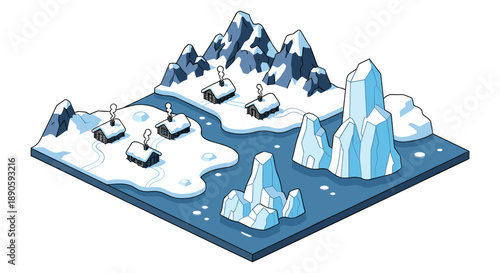 Isometric Arctic Winter Landscape with Small Wooden Cabins Snow Covered Mountains and Floating Icebergs
