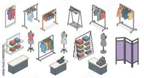Set of Isometric Retail Store Furniture including Clothing Racks Mannequins Shelves and Cashier Counters