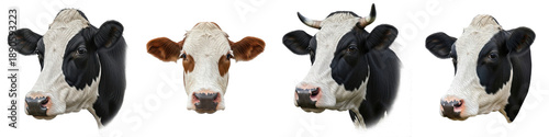 Fotografia Set of Four Realistic Dairy Cow Heads Including Holstein Friesian and Jersey Bre