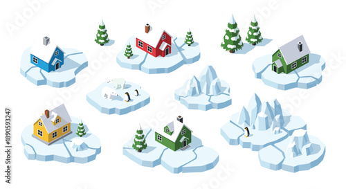 Isometric Polar Region Scene with Colorful Houses Polar Bears Penguins and Ice Floes in Frozen Ocean