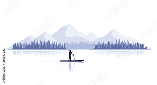 Silhouette of a Person Paddleboarding on Calm Lake with Distant Mountains and Pine Forest at Dusk