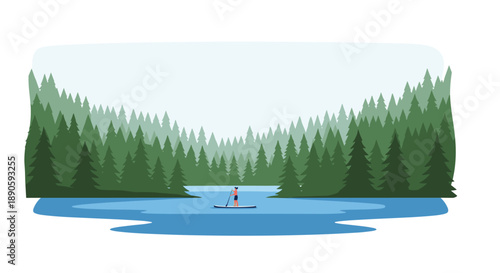 Lone Paddleboarder Gliding Across Serene Blue Lake surrounded by Dense Green Pine Forest in Summer
