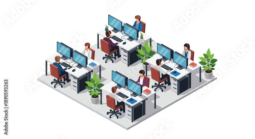 Isometric Corporate Office Interior with Employees working at Computer Desks with Monitors and Plants