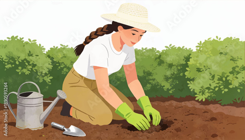 Flat vector illustration of a woman kneeling in a garden, planting plants to help the environment. Landscape design_02.
