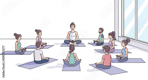 Group Yoga Class with Students and Instructor Sitting in Circle on Mats for Meditation in Bright Studio