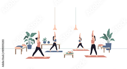 Group of Diverse Women Practicing Yoga Poses in Modern Minimalist Fitness Studio with Indoor Plants