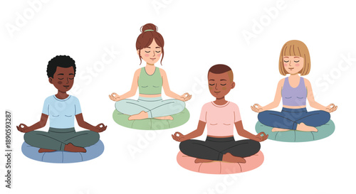 Four Diverse People Sitting on Cushions while Practicing Mindfulness Meditation in a Peaceful State