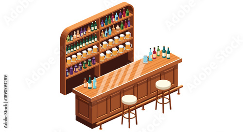 Isometric Bar Interior with Wooden Counter Stools and Large Shelf filled with Beer Mugs and Liquor Bottles