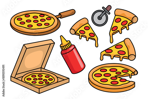 A cartoon illustration of various pizza slices and a bottle of ketchup on a white background