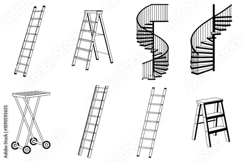 A collection of various ladders and staircases for climbing and accessing high places