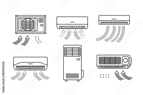 A detailed illustration of various air conditioning units and their airflow patterns