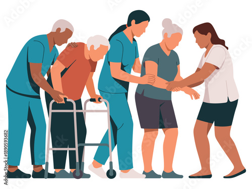 A group of people assisting elderly individuals with walkers in a supportive and caring environment.