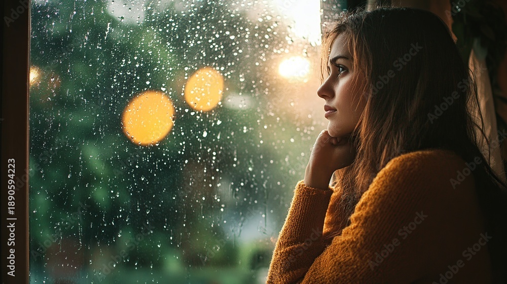 Naklejka premium A young woman gazes thoughtfully out of a rain-streaked window, illuminated by the warm glow of city lights, evoking a sense of quiet reflection and melancholy.
