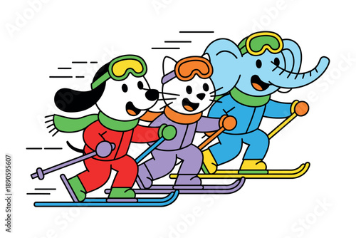 A cartoon illustration of a dog, cat, and elephant skiing down a snowy mountain together in a fun and playful winter scene.